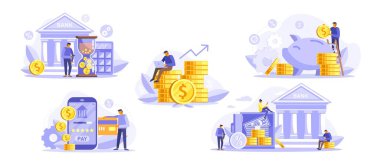 Mobil bankacılık ve online ödeme konsepti. Beyaz üzerine izole edilmiş finans ikonu koleksiyonu. İnsanlar online bankacılık ve muhasebe için dizüstü bilgisayar ve cep telefonu kullanıyor. Vektör düz iliülasyon