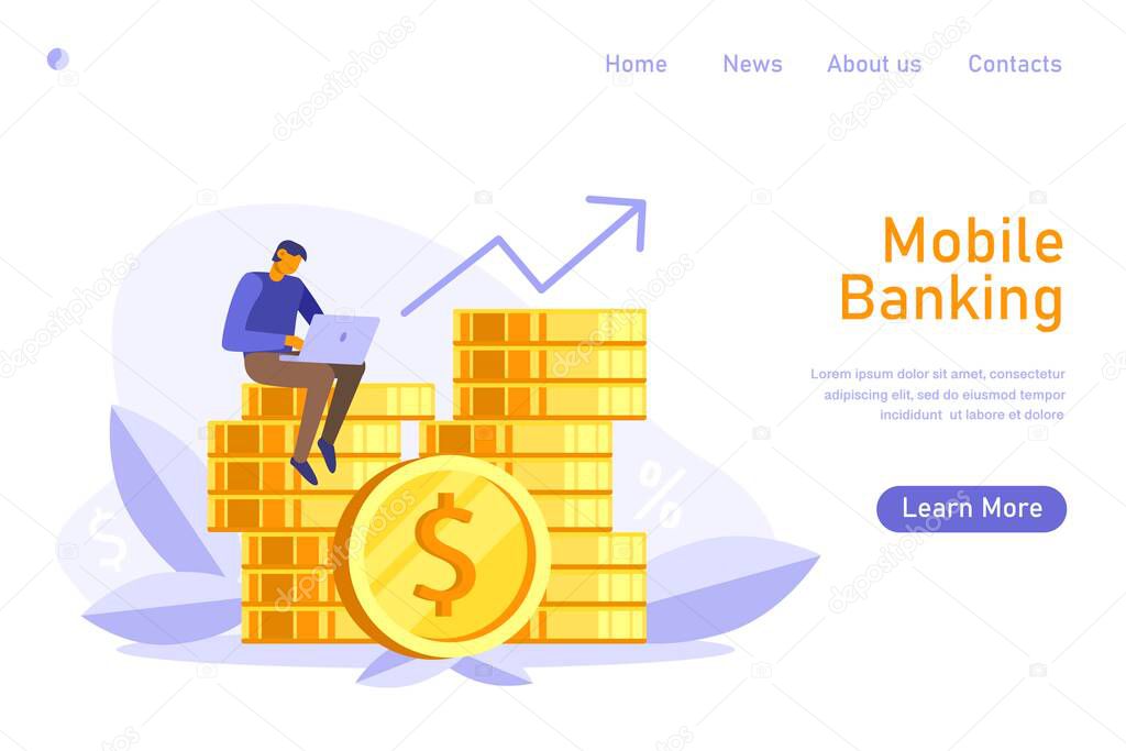 Tiny man seatting on golden coins stack with coin in front and using laptop for online banking and accounting, currency exchange, deposit on bank. Online banking concept. Vector flat illustration.
