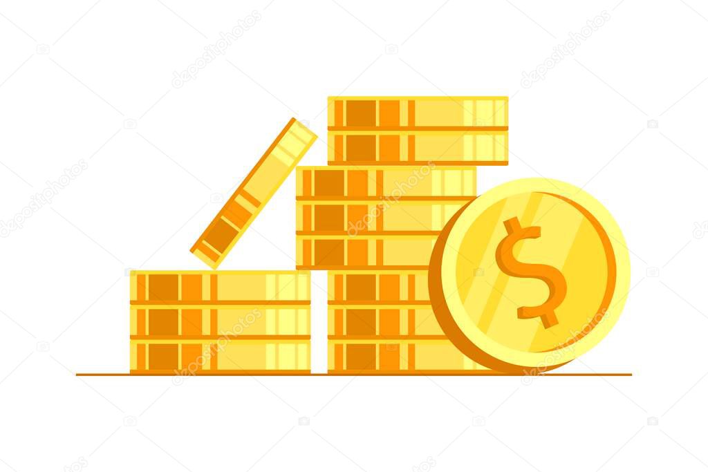 Golden coins stack with coin in front of it vector flat illustration isolated on white background. Gold coins in cartoon style. Balance profit, income statement and cash.