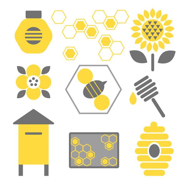 Медовый набор с пчелой, готовый продукт цветов, улей, банка, соты изолированы на белом фоне. Векторная плоская иллюстрация. Дизайн для открыток, шаблонов, веб-сайтов, листовок