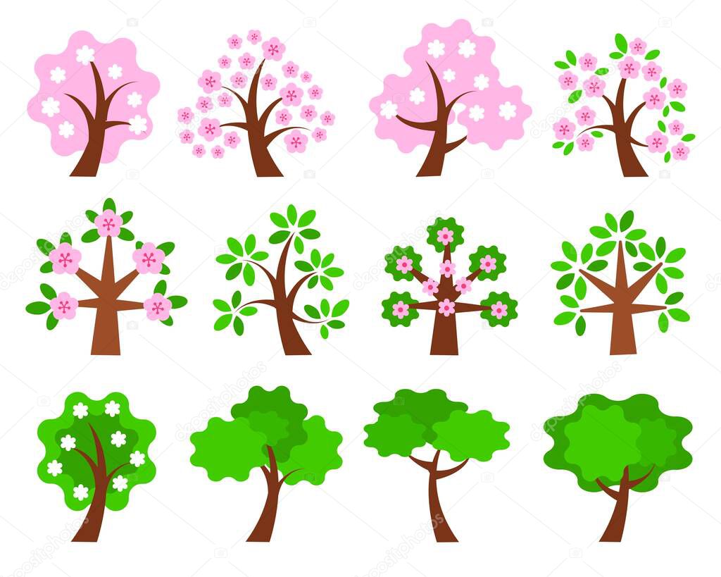 Abstract stylized tree design set with spring blossom cherry tree, green tree with flower isolated on white background. Vector flat illustration. Design for card, print, textile