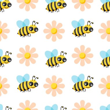 Çiçekli arısız desen, beyaz arka planda izole edilmiş bal peteği. Vektör düz çizim. Duvar kağıdı, ambalaj, fon, tekstil, kumaş için tasarım