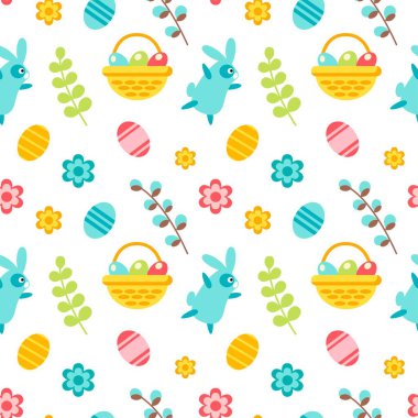 Tavşan, yaprak, sepet, yumurta, çiçek ve beyaz arka planda izole edilmiş söğütle paskalya şablonunuz kutlu olsun. Vektör düz çizim. Tekstil, ambalaj, duvar kağıdı, fon tasarımı