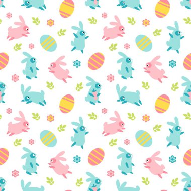 Farklı şekilli mutlu Paskalya örnekleri tavşancık, yapraklar, çiçekler, beyaz arka planda izole edilmiş. Vektör düz çizim. Tekstil, ambalaj, duvar kağıdı, fon tasarımı