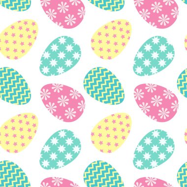 Paskalya yumurtaları pürüzsüz desenli renkli ikon beyaz arka planda izole edilmiş. Paskalya 'nın geleneksel sembolü. Vektör düz çizim. Tekstil, ambalaj, duvar kağıdı, fon tasarımı