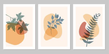 El çizimi soyut boho yaprağı ve bej arka planda izole edilmiş renk şekli. Vektör düz çizim. Desen, logo, poster, davetiye, tebrik kartı tasarımı 