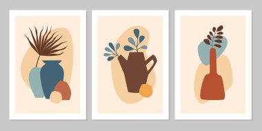 El çizimi soyut boho posteri, tropikal yaprak, renkli vazo ve bej arka planda izole edilmiş şekil. Vektör düz çizim. Desen, logo, poster, davetiye, tebrik kartı tasarımı 