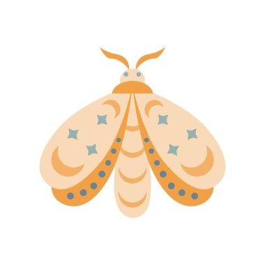 El çizimi güve beyaz arka planda izole. Boho kelebek vektör çizimi. Gizemli semboller. Doğum günü, parti, kıyafet baskıları, tebrik kartları için tasarım. 