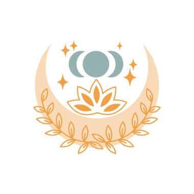 Yıldızlı, çiçekli soyut mistik ay, beyaz arka planda izole edilmiş yapraklar. Mistik ve büyülü, astroloji boho vektör illüstrasyonu. Tişört, çanta, kart, poster, davetiye tasarımı
