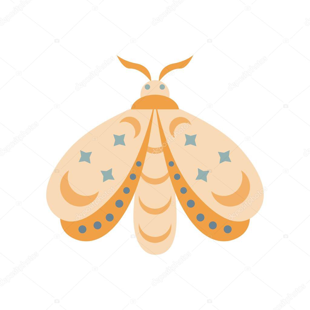 Hand drawn moth isolated on white background. Boho butterfly vector illustration. Mystery symbols. Design for birthday, party, clothing prints, greeting cards. 