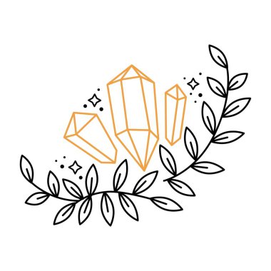 Çiçekli boho ana hatları, değerli taşlar, yıldızlar ve dal yapraklı çelenkler. Bitkilerle birlikte göksel grafik elementler. Mistik astroloji vektör çizimi. Kart, poster, davet için tasarım