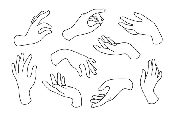 Hand drawn boho set of elegant female hands icons in line art isolated on white. Collection of different outline doodle hand gestures. Vector flat illustration. Design for cosmetics, jewelry, manicure