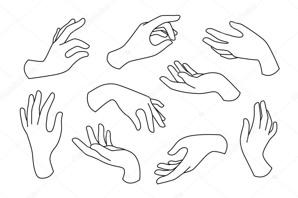 Hand drawn boho set of elegant female hands icons in line art isolated on white. Collection of different outline doodle hand gestures. Vector flat illustration. Design for cosmetics, jewelry, manicure