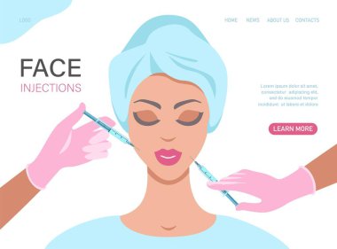 Şırınga dolduruculu tıbbi eldivenli doktor. Kırışıklık önleyici ameliyat. Güzel genç kadın enjeksiyonu. Yüz kırışıklığı tedavi konsepti. Vektör düz çizim. Pankart için tasarım, iniş sayfası
