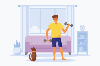 Adam evde dambıllarla egzersiz yapıyor. Modern odada erkek ve kahverengi kedi eğitimi. Vektör düz karakterler çizimi. Spor egzersizleri, sağlıklı yaşam tarzı, evde dinlenme zamanı.