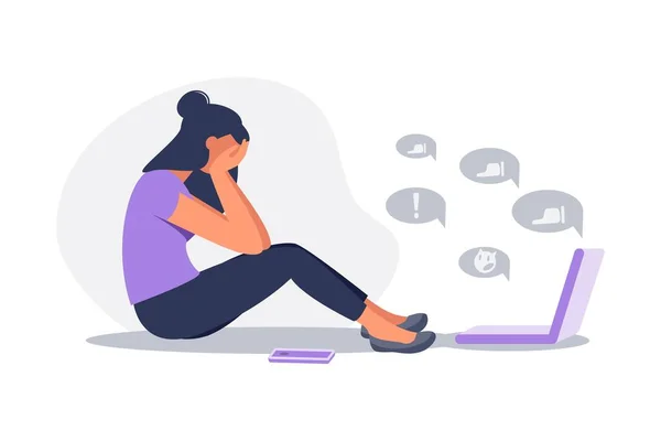 Mujer Triste Sentado Llorando Con Teléfono Frente Pantalla Del Ordenador — Vector de stock