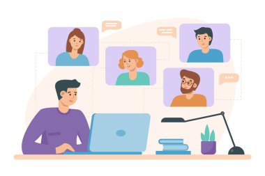 Dizüstü bilgisayardaki kadın ve erkeklerle görüntülü konuşma. Bilgisayar ekranındaki insanlar iş arkadaşlarıyla birlikte. Düz stil üzerine video konferans ve online toplantı çalışma alanı illüstrasyonları. Uzaklık öğrenimi.
