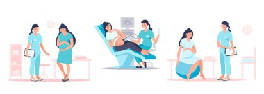 Set of pregnant woman visiting doctor for examination, sonographer scanning, preparing for childbirth. Happy future mother at medical checkup. Pregnancy and maternity concept. Vector flat illustration clipart