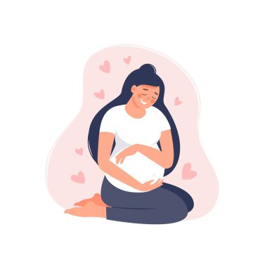 Mutlu hamile kadın göbeğini pembelerde soyutlamış. Pembe kalpli hamile bir kadın oturuyor. Vektör düz çizim. Sancak, iniş sayfası, kart için annelik ve sağlıklı yaşam tarzı kavramı