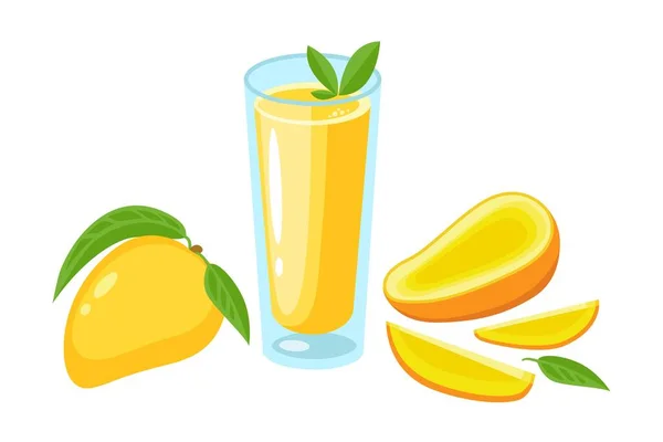 Mango Juice Slice Whole Leaf Pieces Set Isolated White Juice — Stock Vector