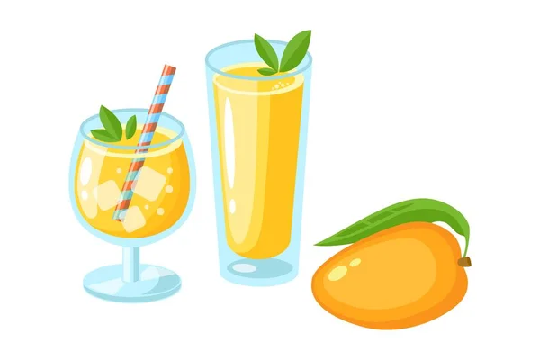 Succo Mango Cocktail Fetta Intero Con Foglia Pezzi Insieme Isolato — Vettoriale Stock