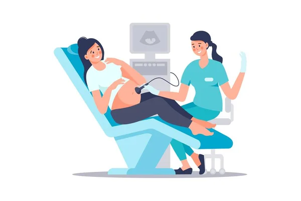 Szonográfus Beszkenneli Megvizsgálja Terhes Nőt Kórház Orvosi Rendelőjében Vizsgálat Terhesség — Stock Vector