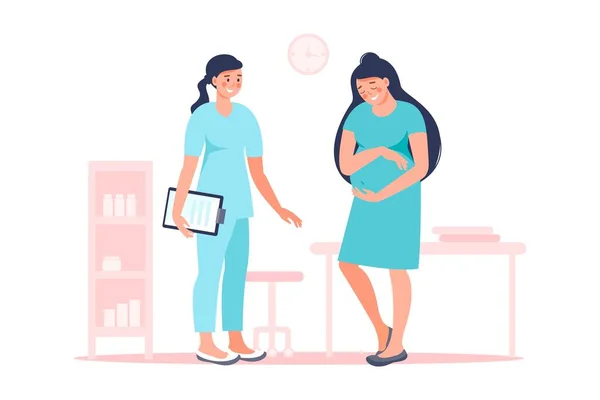 Έγκυος Γυναίκα Γιατρό Νοσοκομειακή Ιατρική Εξέταση Κατά Διάρκεια Της Εγκυμοσύνης — Διανυσματικό Αρχείο