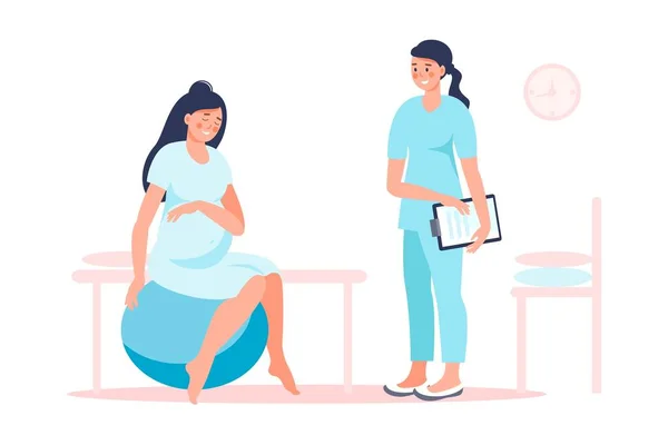 妊婦は医者と一緒に病院で出産の準備をしている 妊娠中の女性の出生位置 痛みのない出産労働のためのヘルプ方法 フィットネスボール 椅子で — ストックベクタ