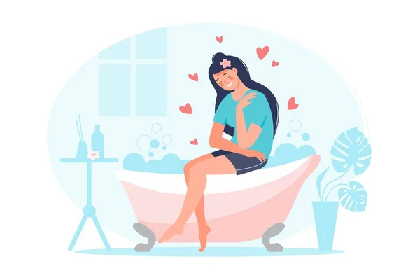 爱你自己的概念 女主角花时间在浴室和放松 微笑的女人用心脏 桌子拥抱自己 卡片设计 — 图库矢量图片