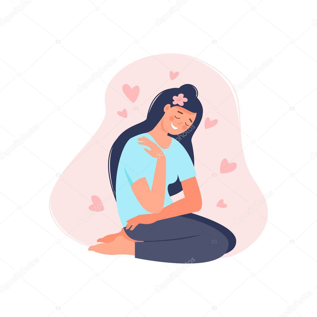 Love yourself vector flat illustration isolated on white background. Smiling woman hug herself with hearts. Body care design concept for banner, flyer, card