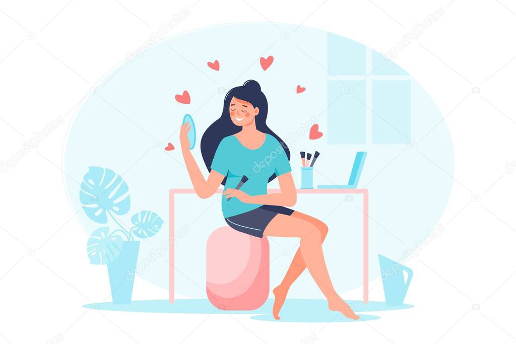 Woman sitting in front of makeup table. Love yourself concept. Smiling girl watching mirror with hearts, plant. Design for banner, flyer, card