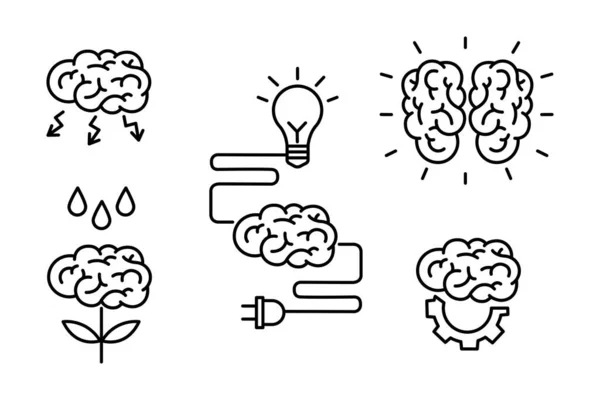 头脑风暴 创造力 知识概念都是轮廓式的图标 收集人类的大脑过程 大脑特征和情感 矢量涂鸦图解 — 图库矢量图片