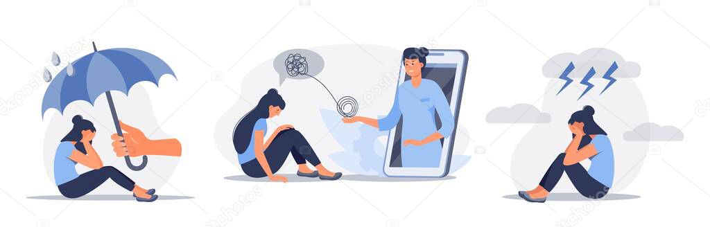 Set of depressed sitting woman. Online psychotherapy counseling concept. Mental health, depression. Human mental problem solutions. Vector flat cartoon illustration