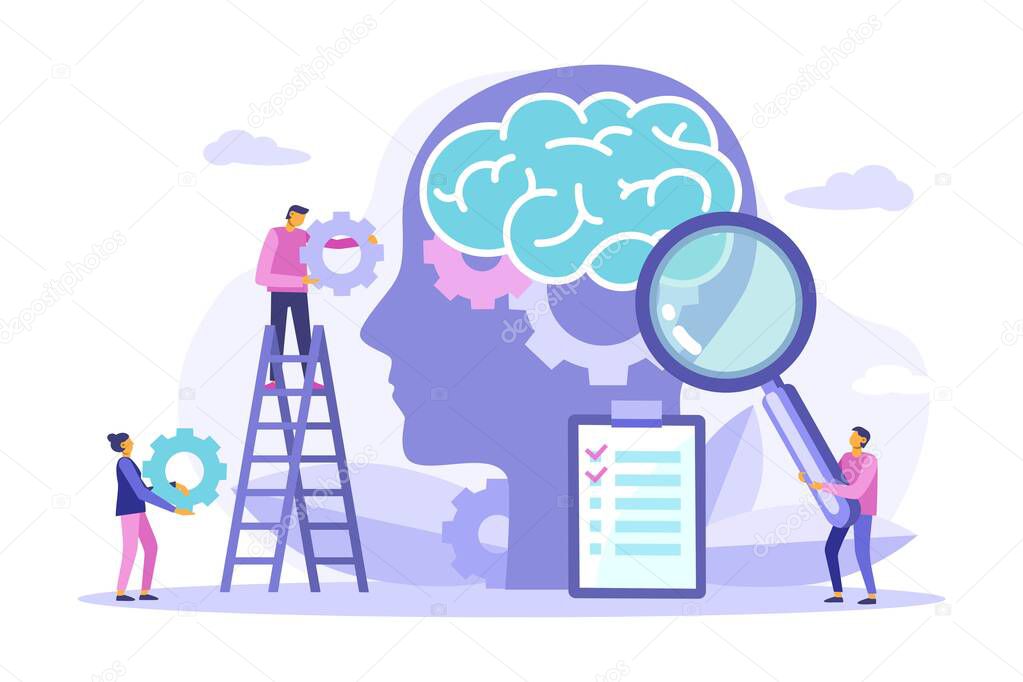 Mental health medical treatment. Mentality healthcare and medical therapies prevention mental problem. Support, mental health care concept.  Vector flat illustration for banner, poster, landing