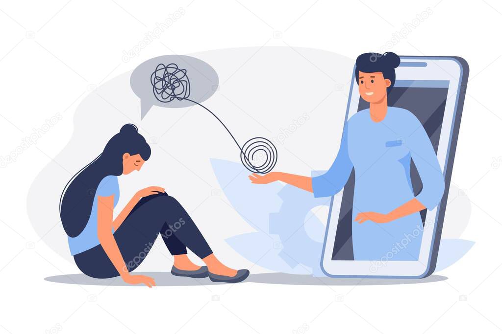 Depressed woman sitting  on the floor. Psychologist doctor consulting patient in therapy session. Online psychotherapy counseling concept. Mental health, depression. Human mental problem solutions.