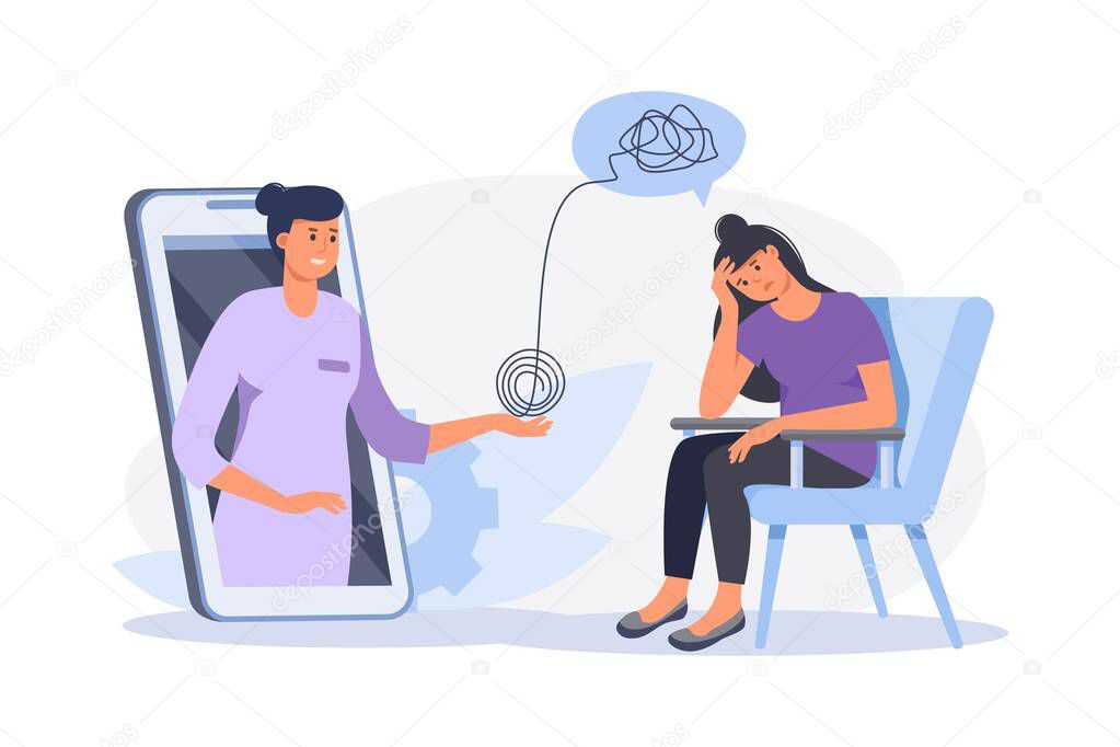 Depressed woman sitting  on chair. Psychologist doctor consulting patient in therapy session. Online psychotherapy counseling concept. Mental health, depression. Human mental problem solutions.