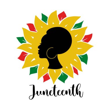 Juneteenth quote with afro woman and colorful sunflower isolated on white background. Vector flat illustration. Design for banner, poster, greeting card, flyer