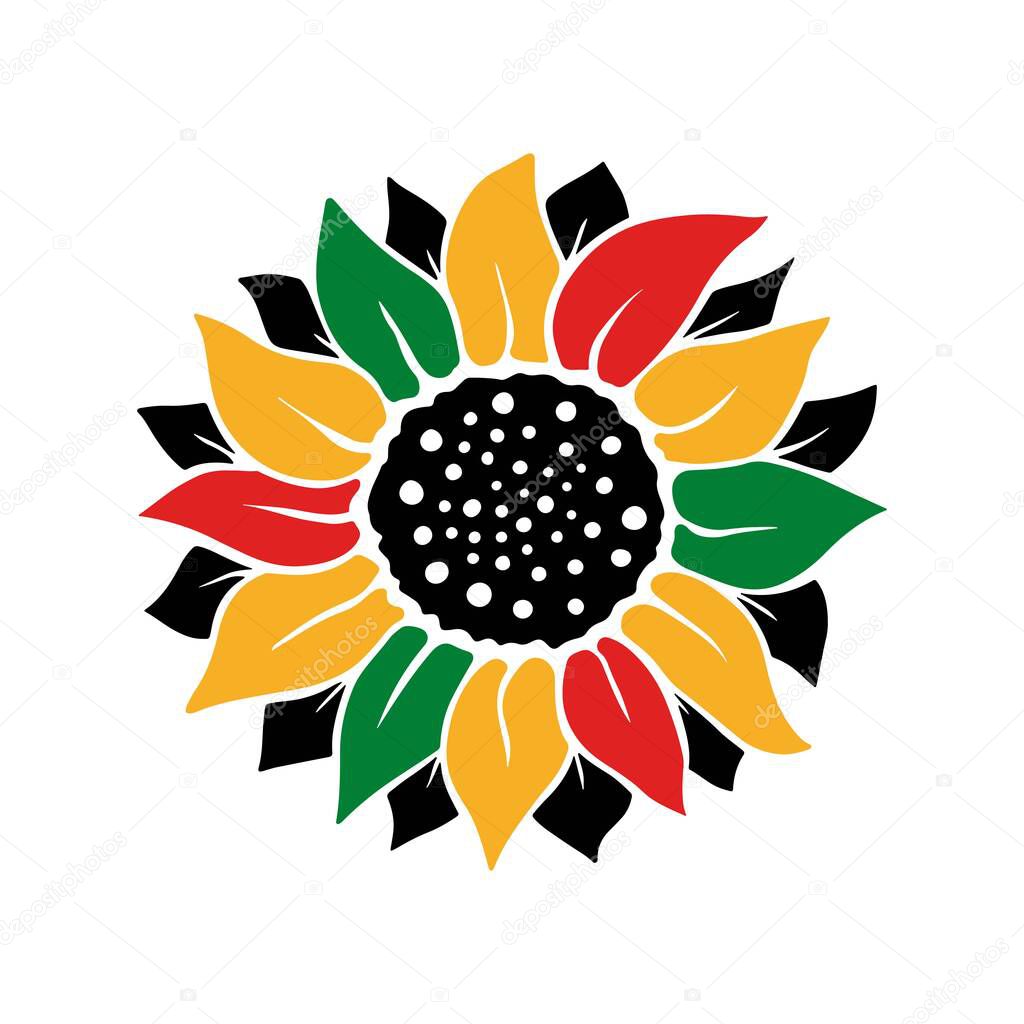 Colorful sunflower with color of flag juneteenth freedom day isolated on white background. Vector flat illustration. Design for banner, poster, greeting card, flyer