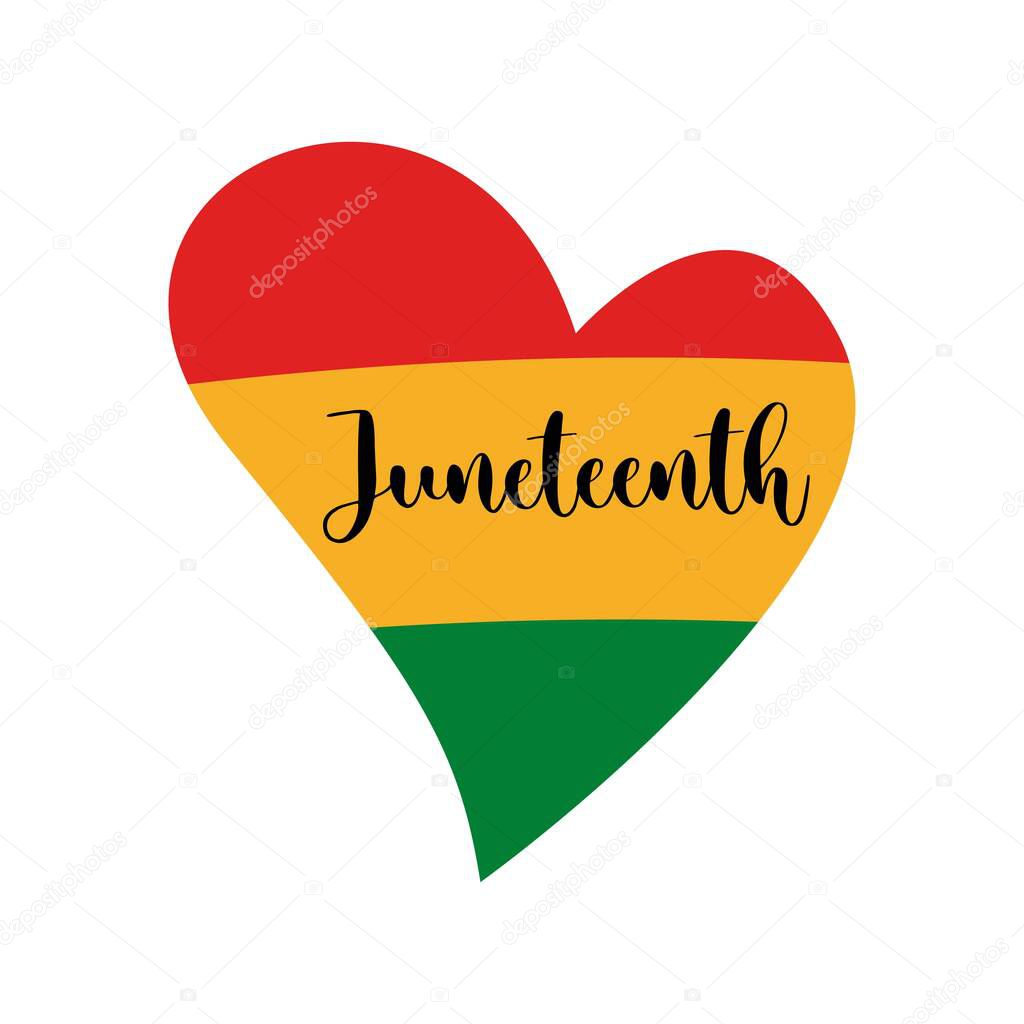 Juneteenth quote with heart flag isolated on white background. Vector flat illustration. Design for banner, poster, greeting card, flyer