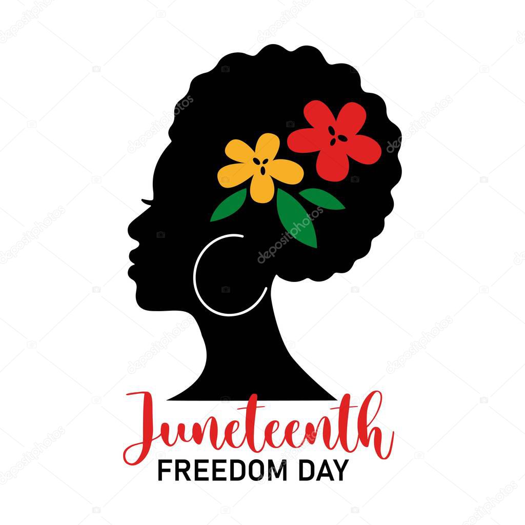 Juneteenth Freedom Day quote with afro woman and colorful flowers isolated on white background. Vector flat illustration. Design for banner, poster, greeting card, flyer