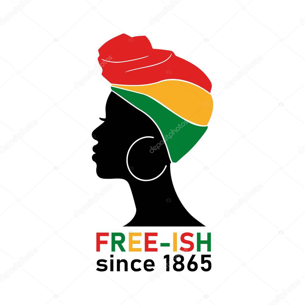 Juneteenth free-ish since June 19, 1865 quote with afro woman and flag isolated on white background. Vector flat illustration. Design for banner, poster, greeting card, flyer