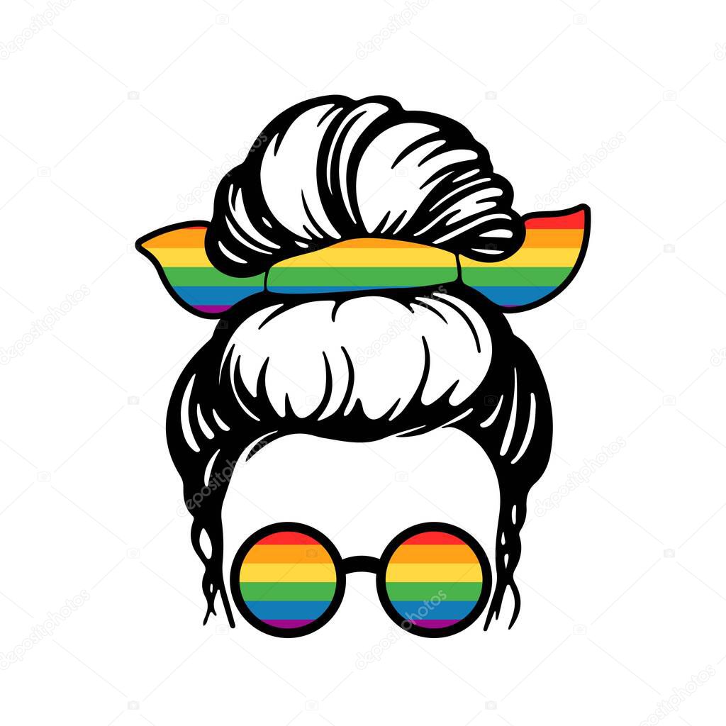 Young beautiful woman with LGBT colorful glasses and hairs bandana isolated on white background. Vector flat illustration. Design for banner, poster, greeting card, flyer
