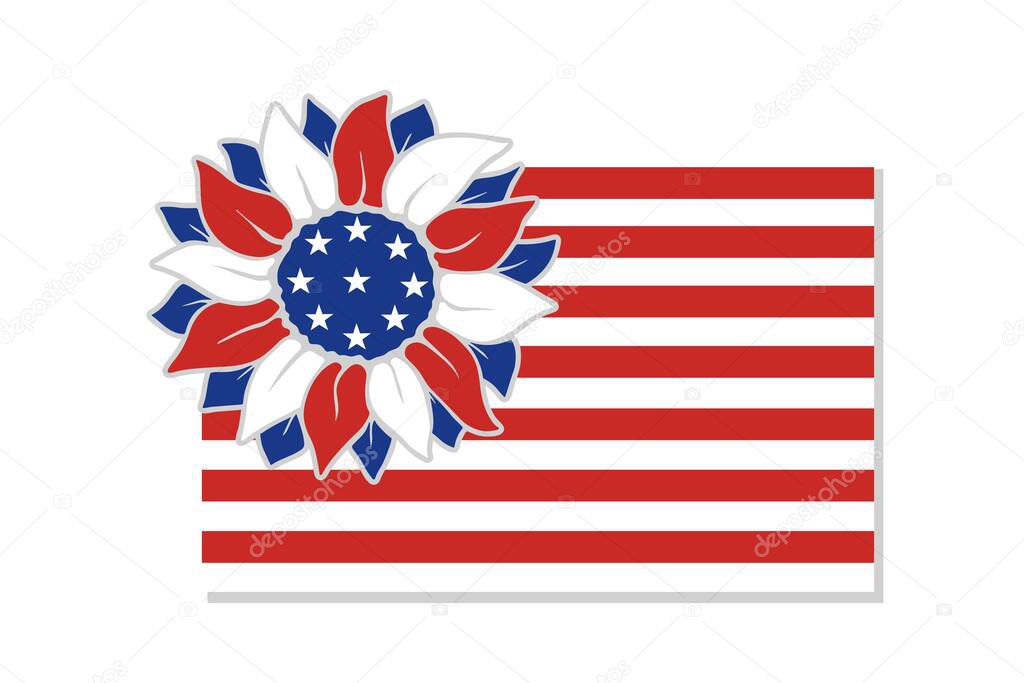 USA independence day poster. American flag with colorful sunflower isolated on white background. Vector flat illustration. Design for banner, poster, greeting card, flyer