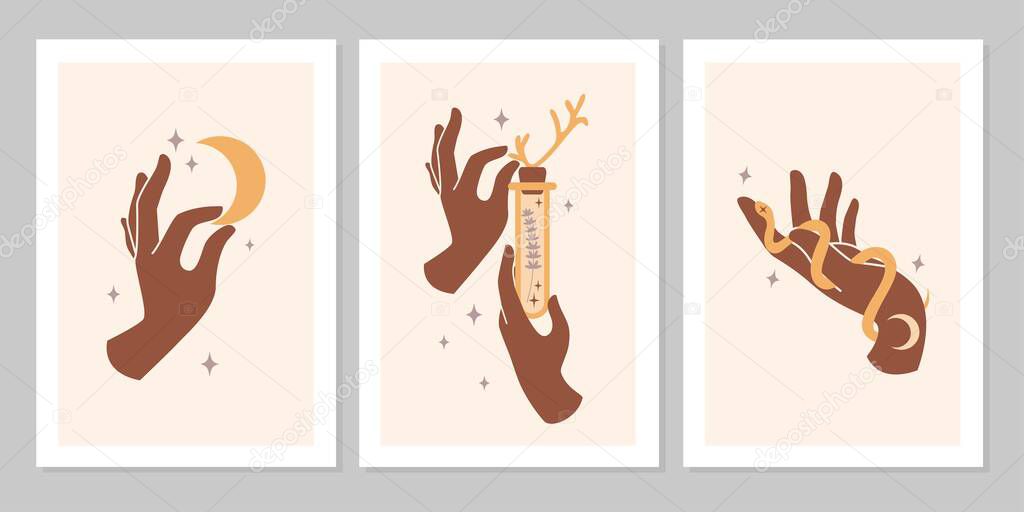 Mystic boho set of female hands and symbols, moon,  snake, star, glass. Vector magic flat illustration. Trendy minimalist signs for design of cosmetics, jewelry, handmade products, background