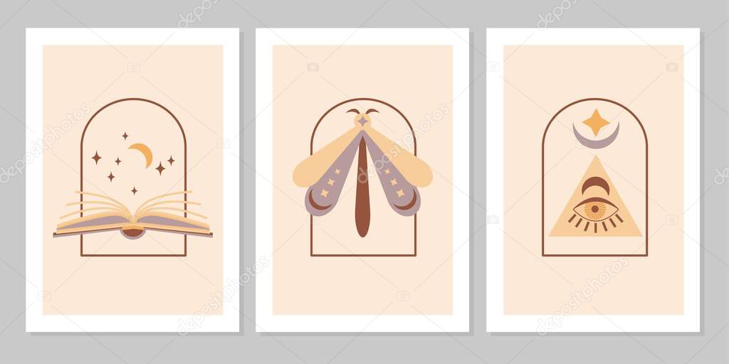 Set poster with magic symbols esoteric witch tattoos. Collection of open book, moth, pyramid with eye on arch. Vector flat mystic vintage illustration. Design for poster, card, flyer