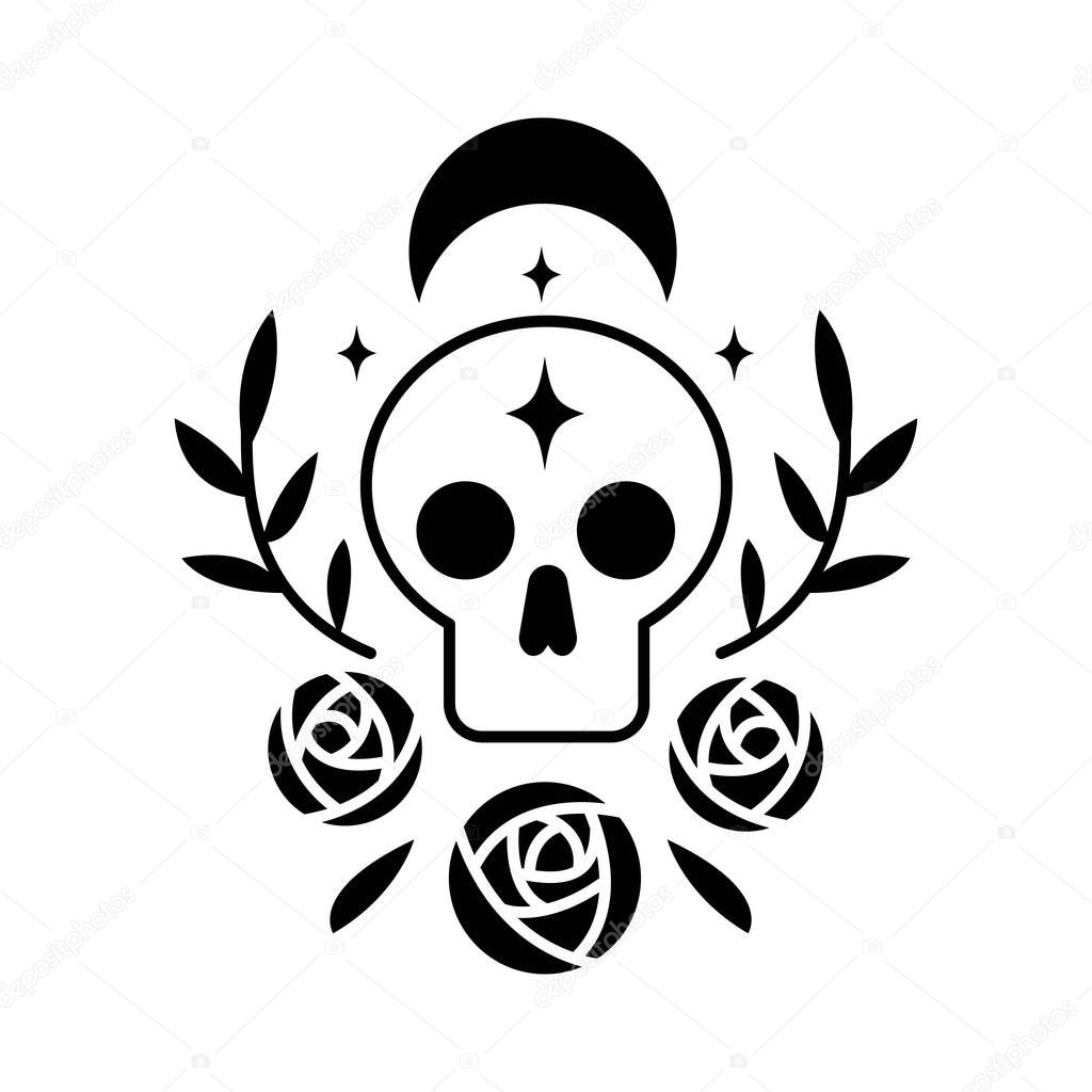 Skull magic symbols esoteric witch tattoos with crescent moon, rose flower, branch of leaves, star. Vector flat mystic vintage illustration. Design for poster, card, flyer, tarot