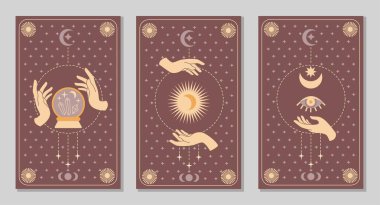 Kadın eli ve sembollerinden oluşan mistik boho seti, hilal, kristal top, göz, yıldız, tarot kartı için güneş. Vektör sihirli düz çizim. Kozmetik ve arkaplan tasarımı için modaya uygun minimalist işaretler