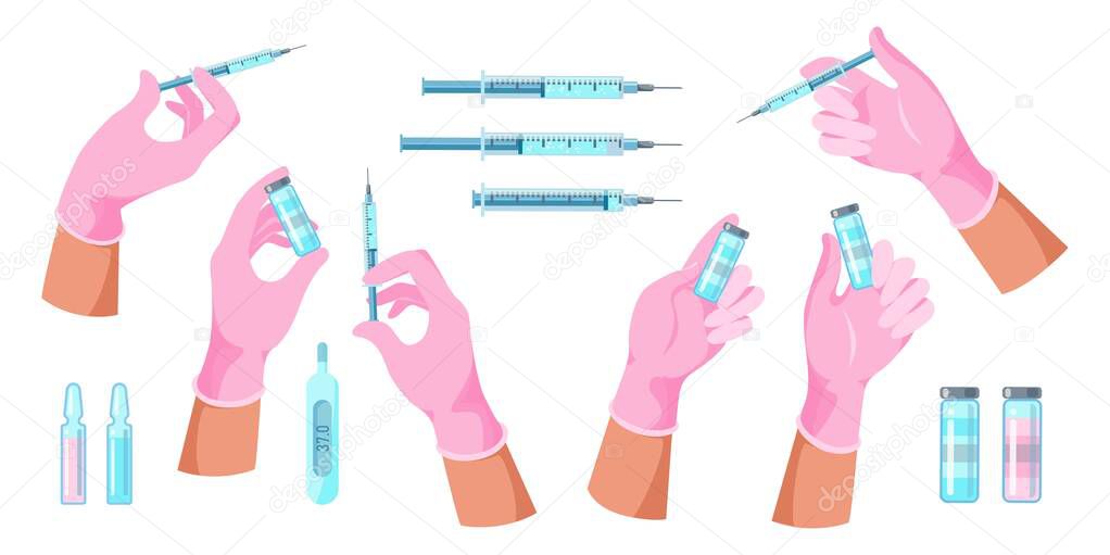 Doctor hands with syringe, bottle  with vaccine making an injection  for immunization treatment. Medicine, science and health care  concept. Flat vector illustration set  medical flu vaccination icons