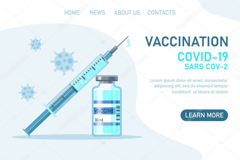 Covid-19 corona virus vaccination with vaccine bottle and syringe injection tool for immunization treatment. Coronavirus vaccine background.  Vector flat illustration. Design for landing page, web