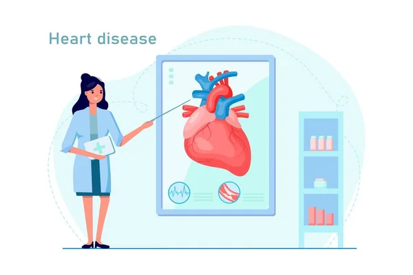 Dokter Wanita Menjelaskan Penyakit Jantung Dengan Pointer Dan Infografis Konsep - Stok Vektor